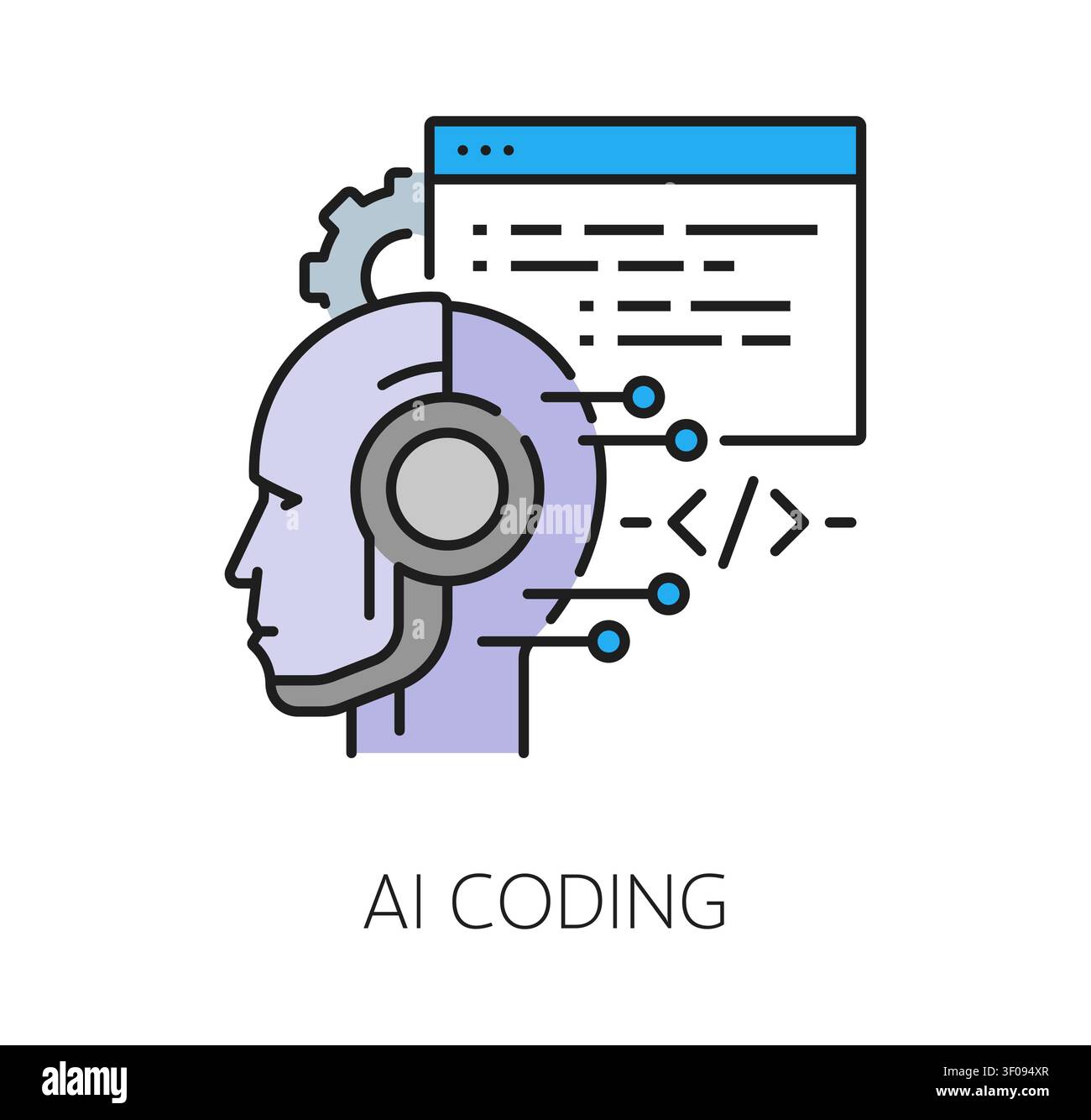 Software AI coding program code line icon or sign. Program code development linear icon, computer system programing symbol. Software technology sign Stock Vector