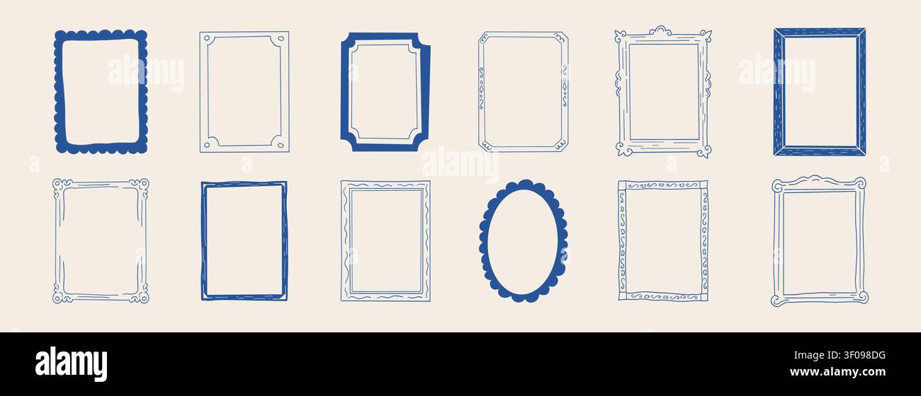 Whimsical doodle frames with crayon line scribbles and funky borders. Set line retro rectangular, perfect for invitations, scrapbooks, and creative frame designs. . Vector illustration Stock Vector