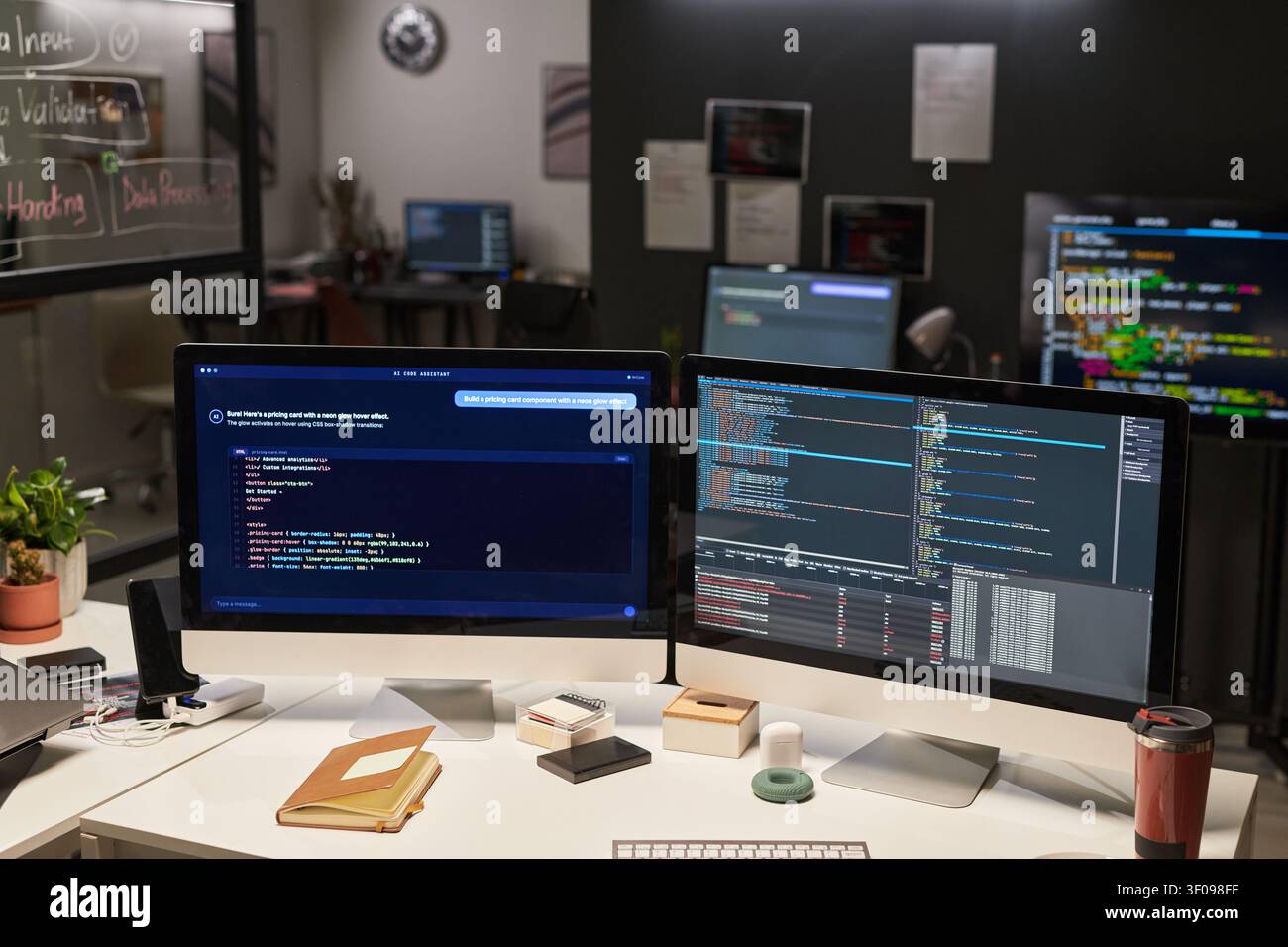 Developer Workstation Displaying AI Coding Workflow in Office Stock Photo