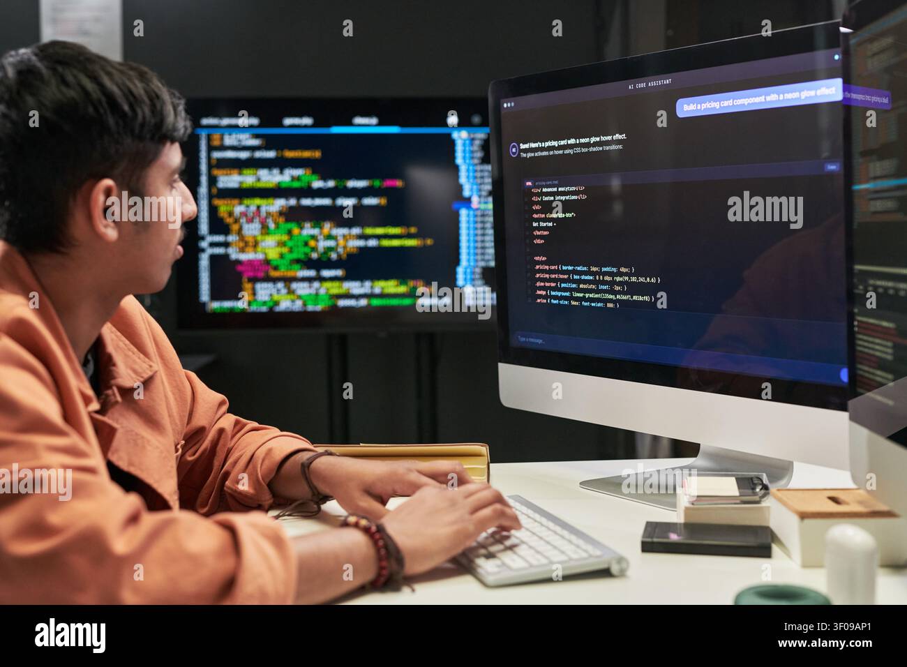 Young Programmer Coding AI Interface for Software Development Stock Photo