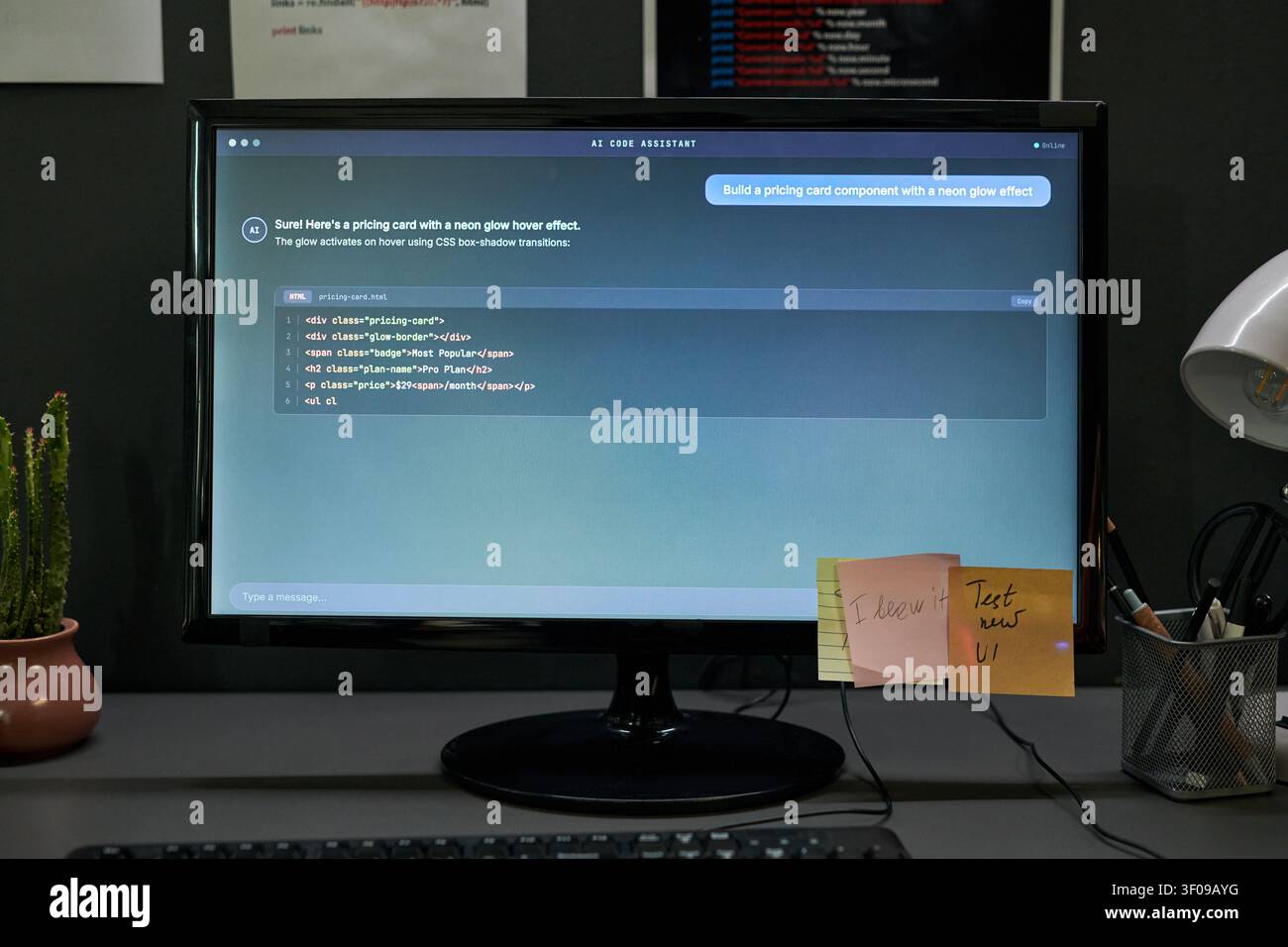 Computer Monitor Displaying AI Coding Assistant for Web Development Stock Photo