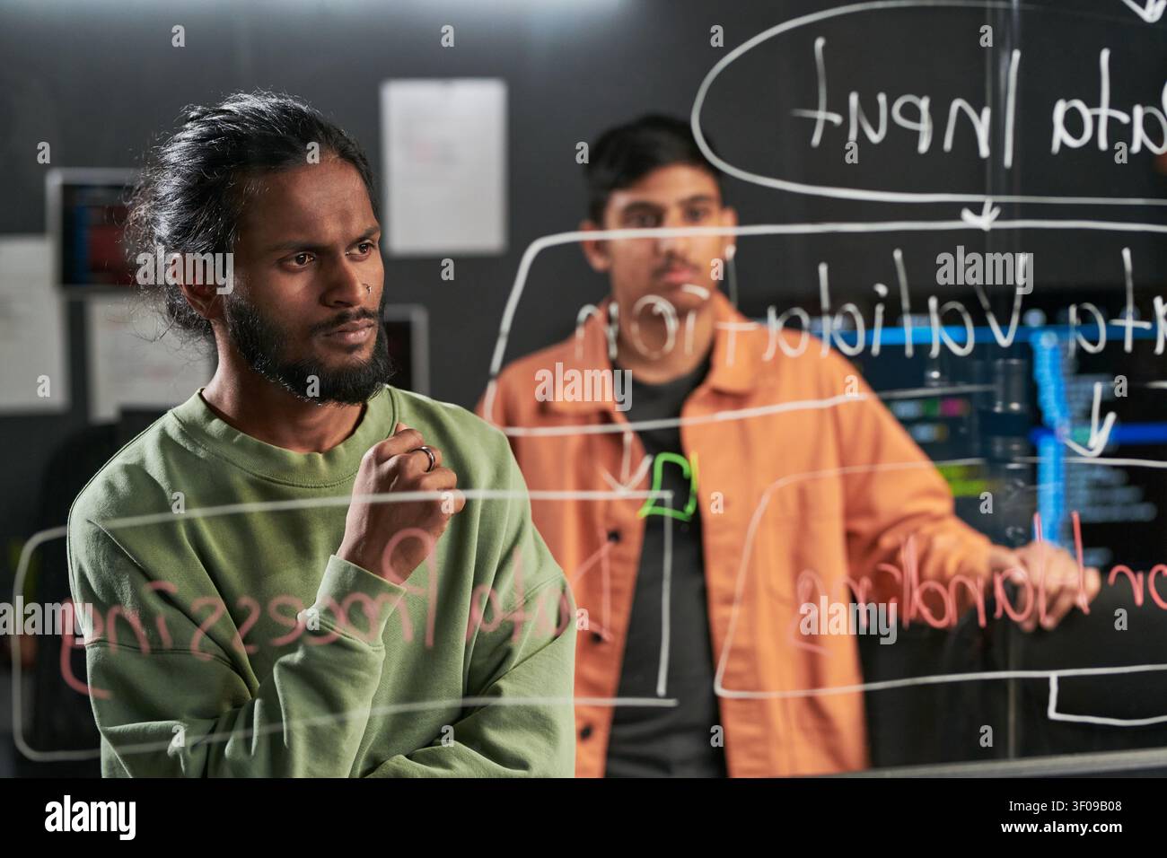 Men Planning Software Workflow for Technology Team Project Stock Photo