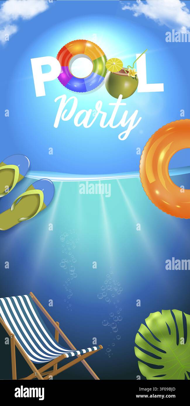 Bright pool party vibes float underwater. Copy space Stock Vector