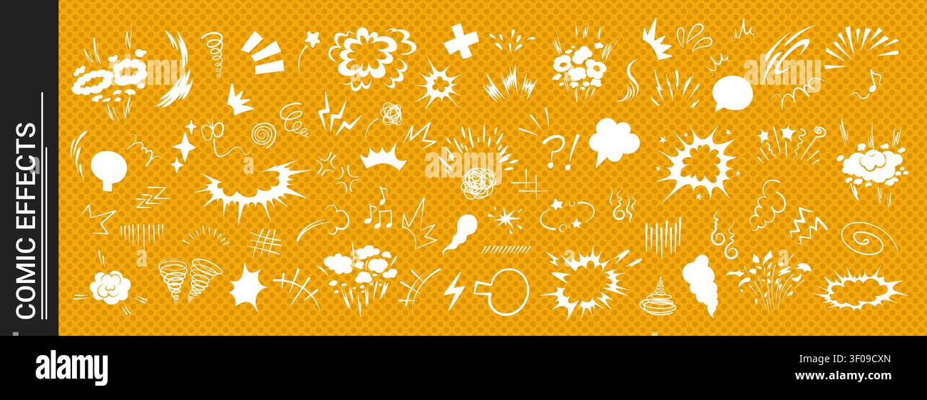 Explosive doodle comic action scene featuring dynamic burst effect vector illustration set. Stock Vector