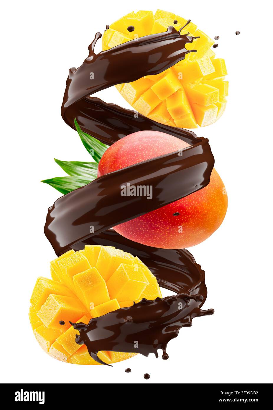 Mango with chocolate splash isolated on white background. Stock Photo