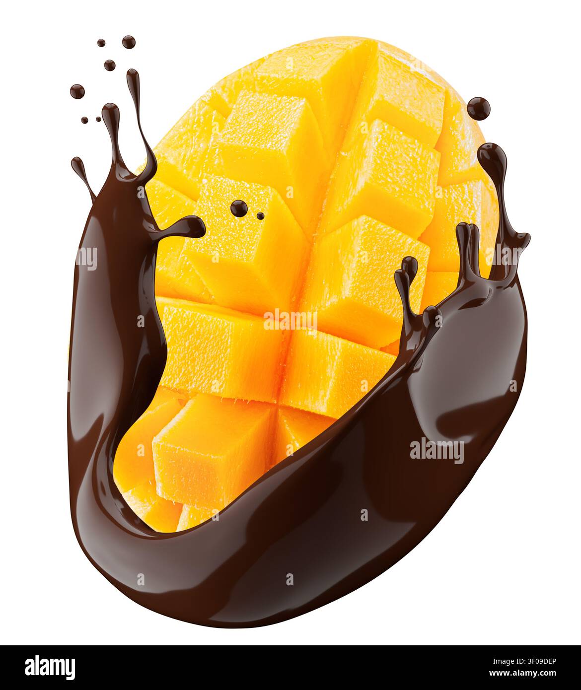 Mango with chocolate splash isolated on white background. Stock Photo