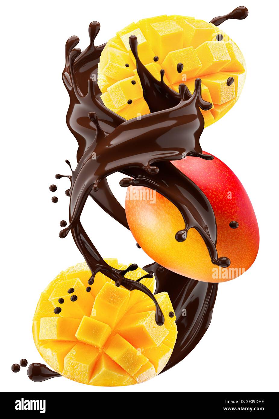 Mango with chocolate splash isolated on white background. Stock Photo