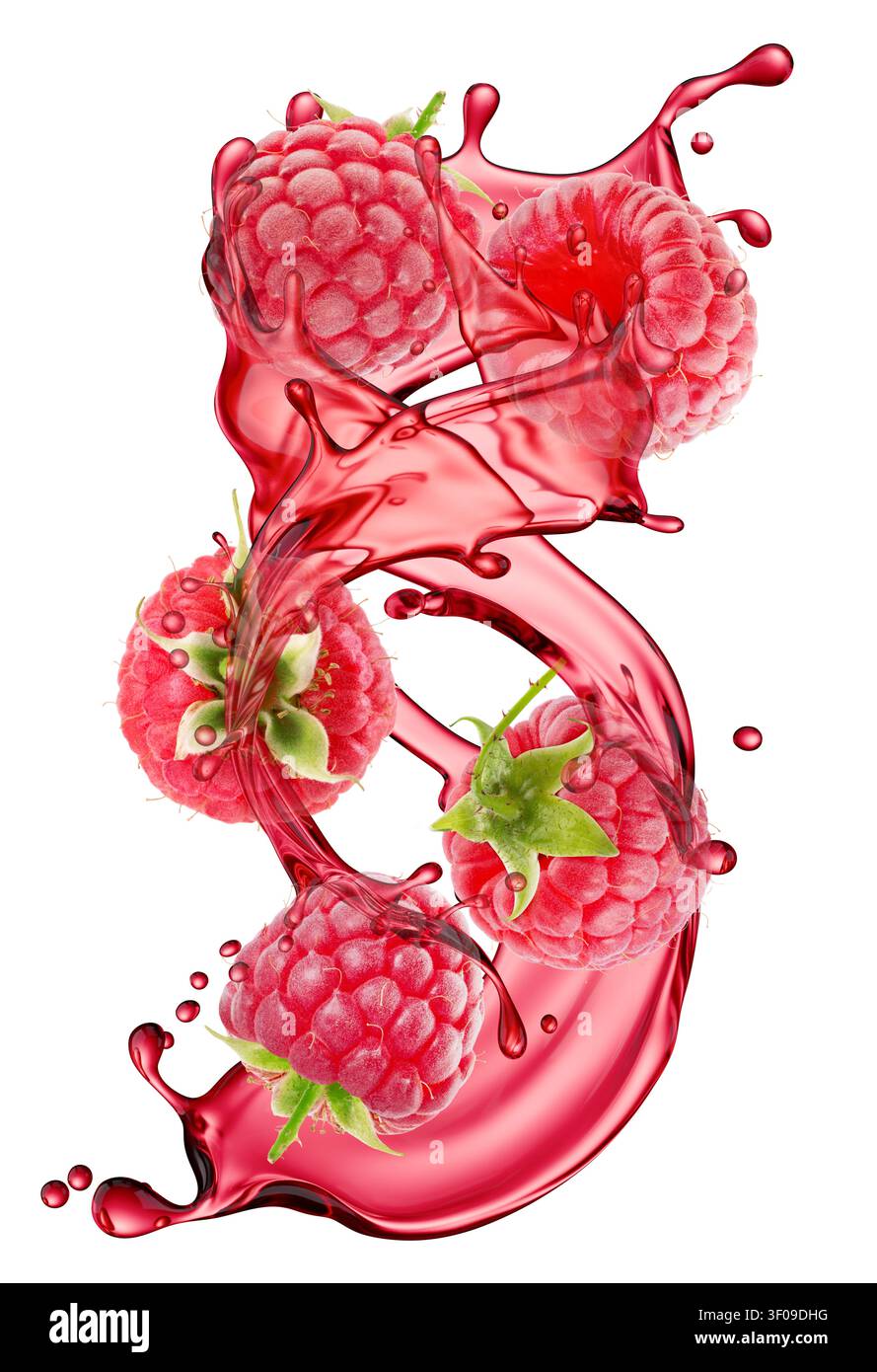 Raspberry with juice splash isolated on white background. Stock Photo