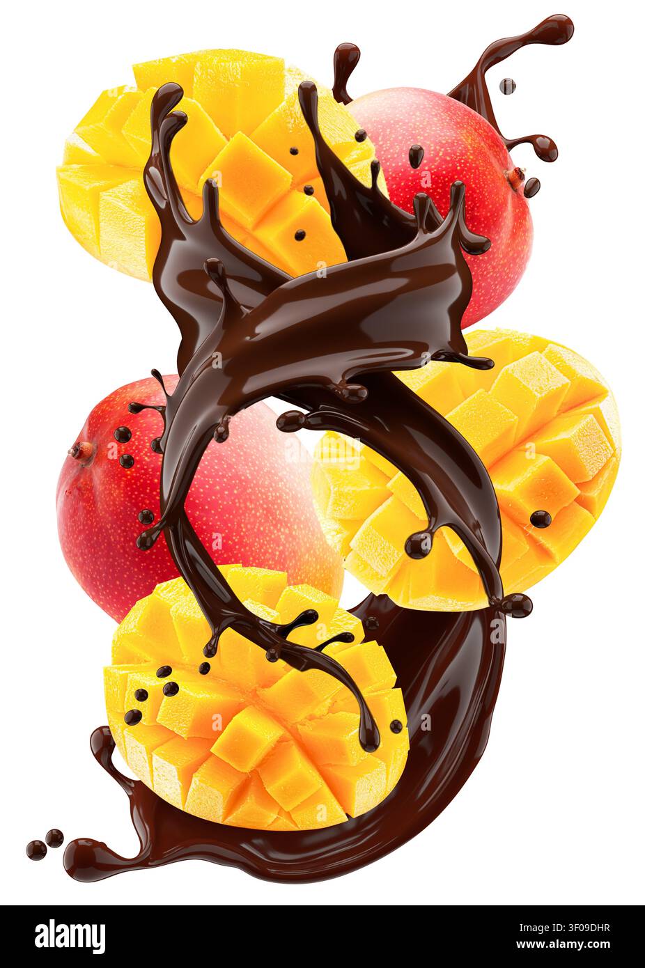 Mango with chocolate splash isolated on white background. Stock Photo