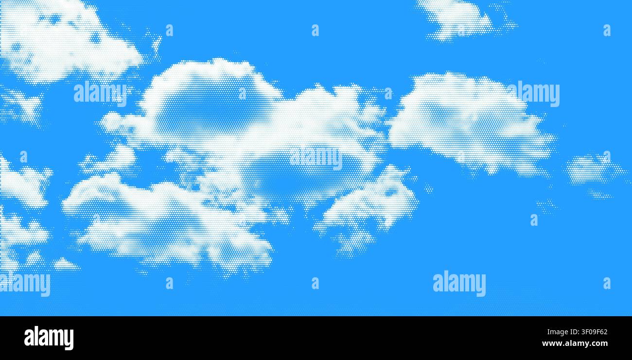 Halftone cloud sky on blue backdrop with pixelated texture vector illustration background. Stock Vector