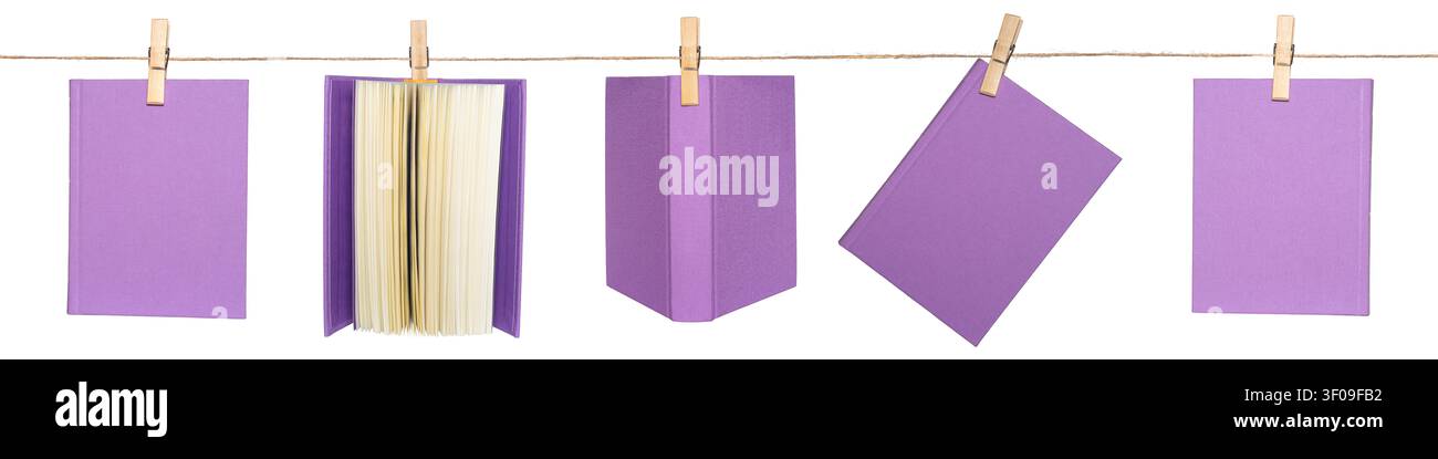 Five purple books are hanging on a string with clothespins. The books are set against a plain background. Stock Photo