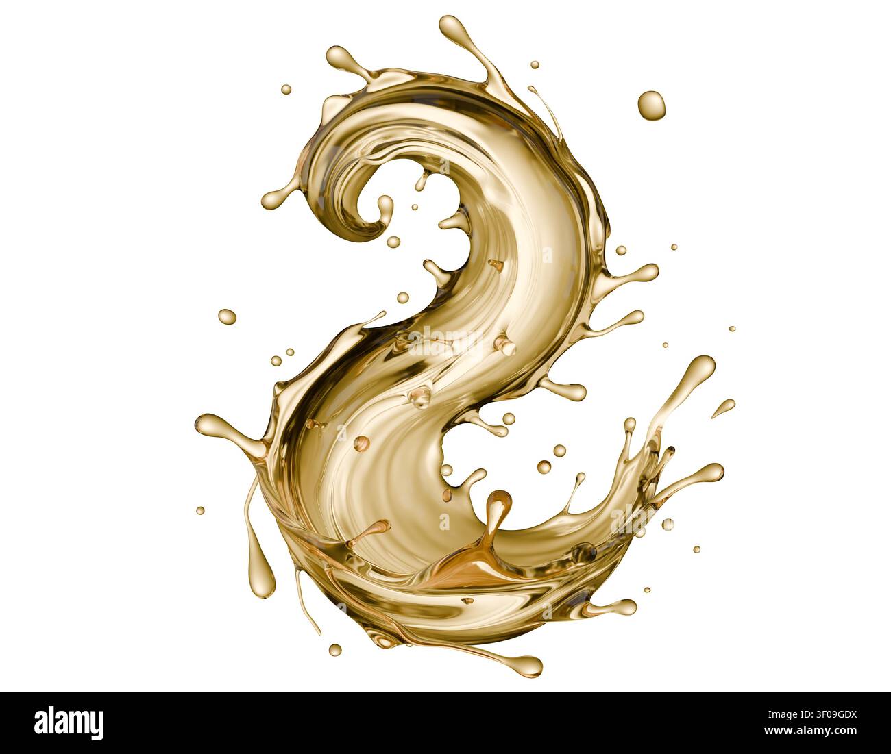 Golden liquid splash isolated on a white background. 3d render. Stock Photo