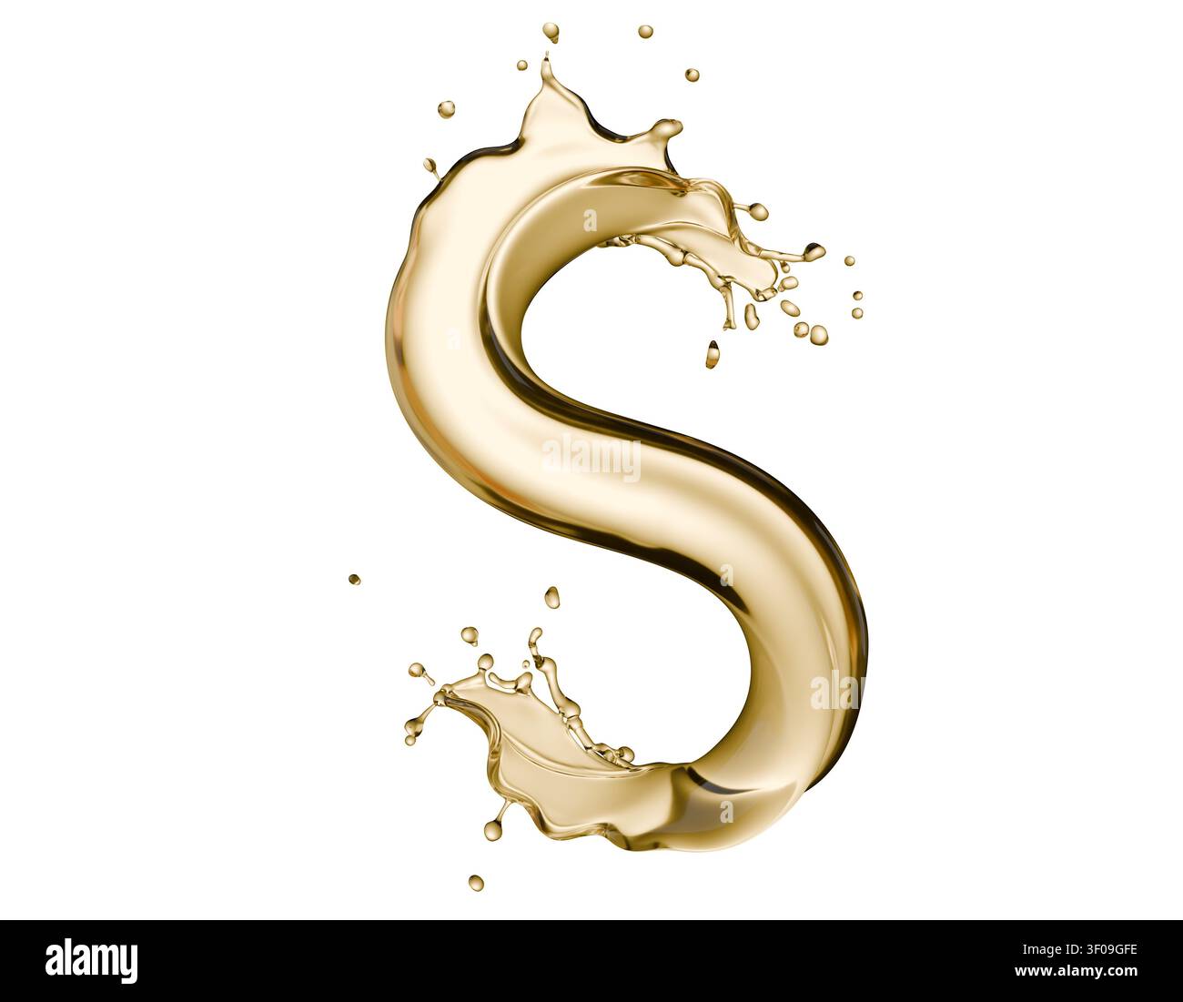Golden liquid splash isolated on a white background. 3d render. Stock Photo