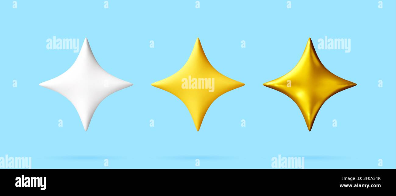 Three 3D star icons in white, yellow and gold colors Stock Vector