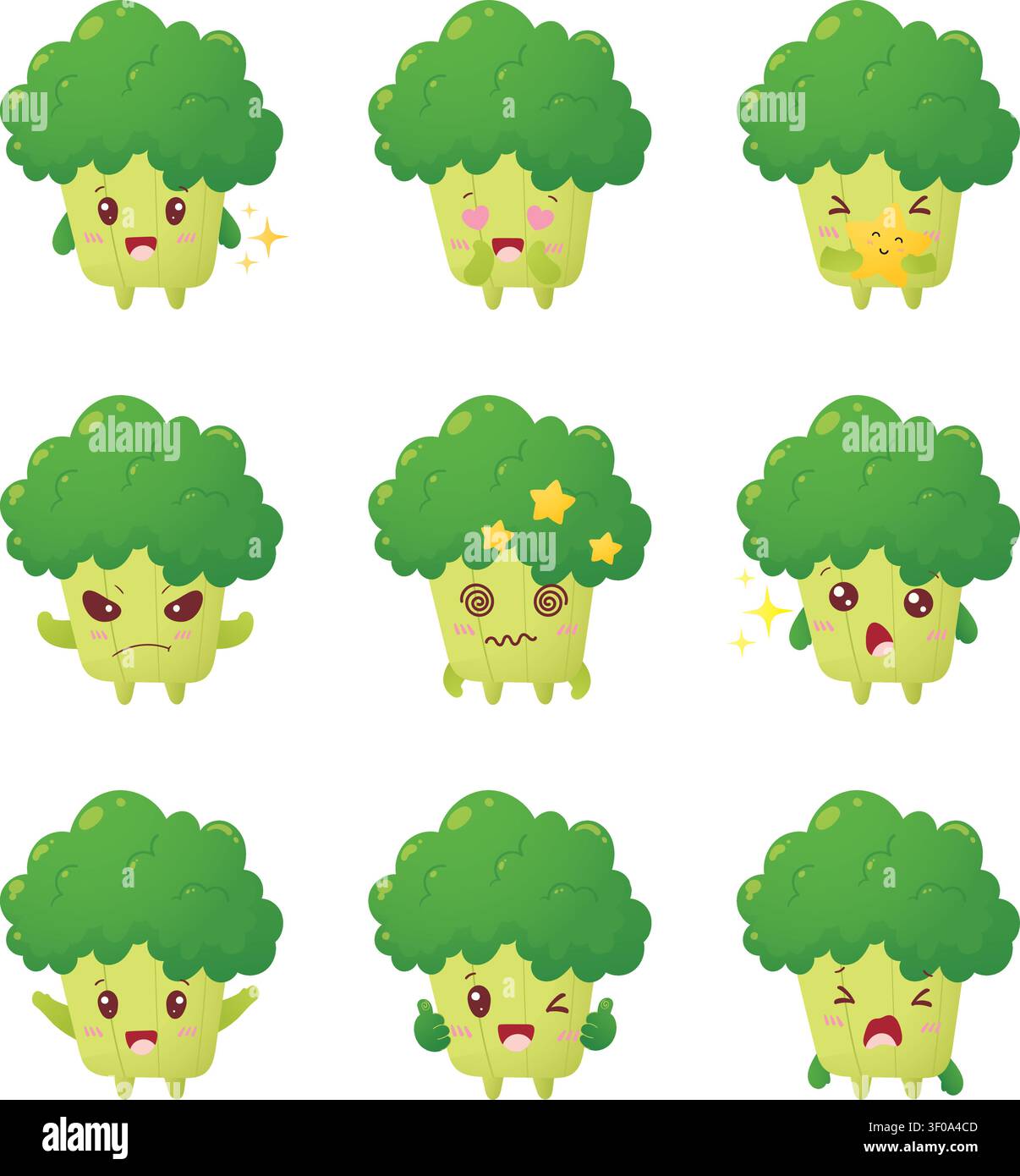 Adorable Broccoli Character Sticker Set Stock Vector