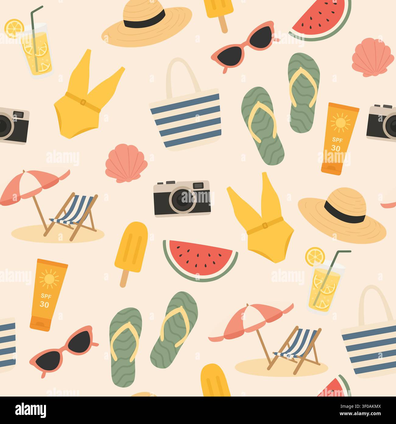 Seamless summer pattern with beach accessories and vacation elements Stock Vector