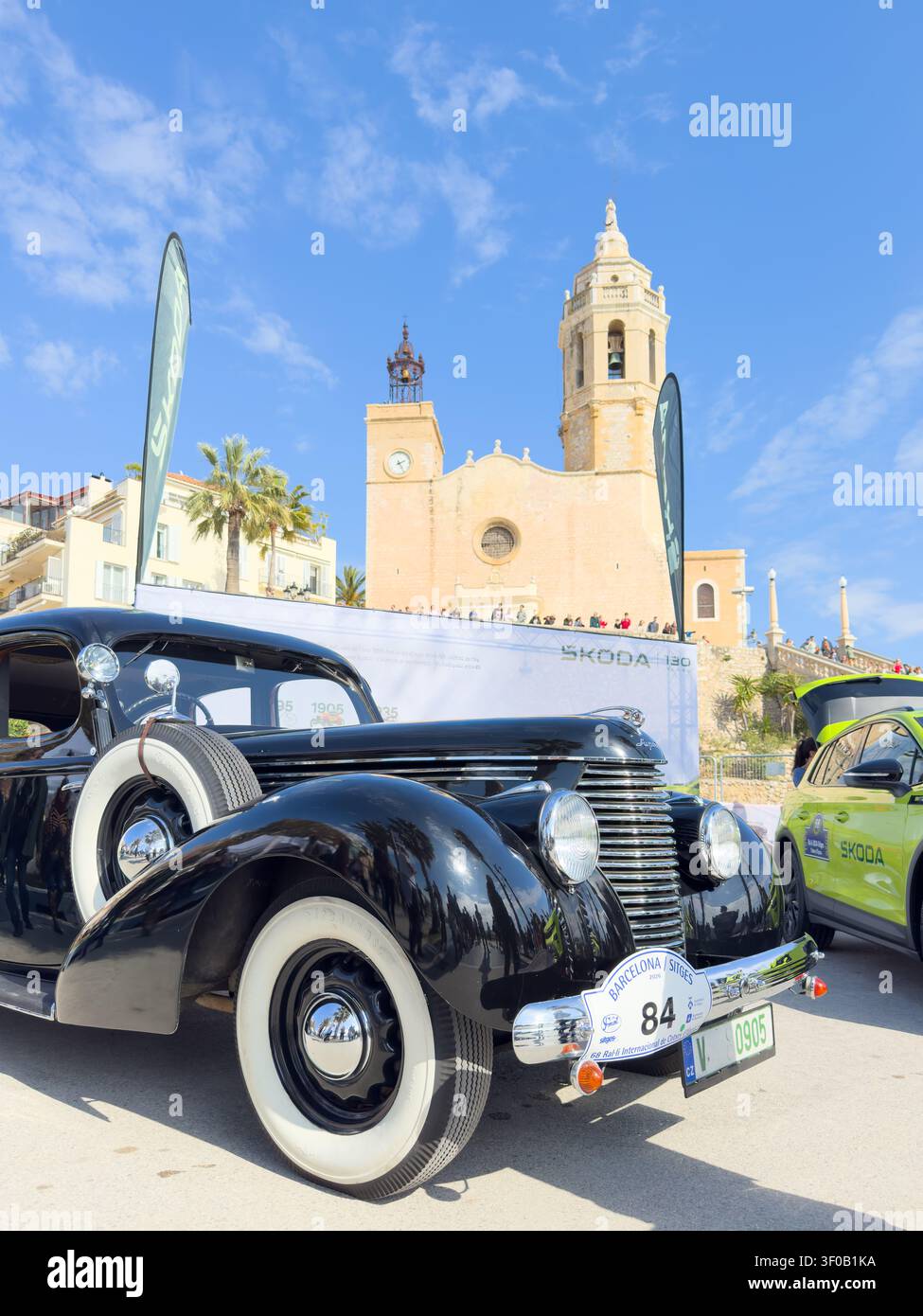 Sitges, Spain - March 01, 2026: A classic black vintage Skoda sedan with elegant whitewall tires on display during the Barcelona-Sitges International Stock Photo