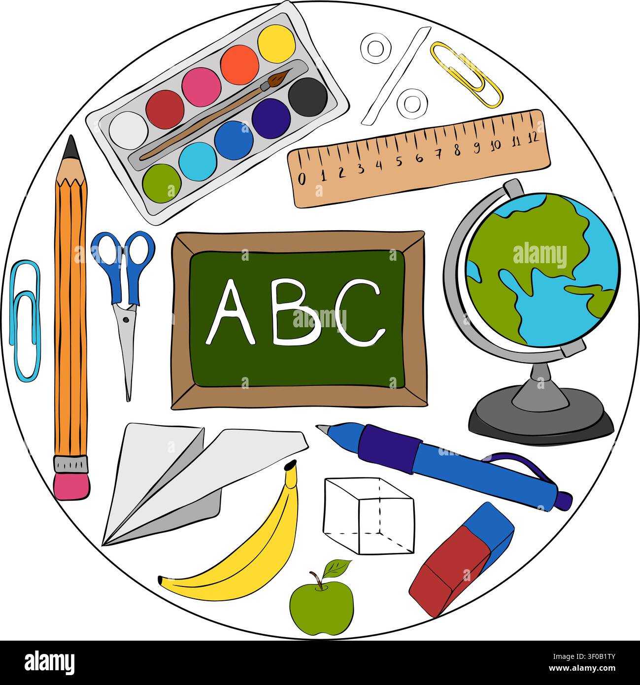 Back to School School round circle composition colored hand drawn illustration. Vector graphic line ink art. Perfect for kids designs, prints, cards a Stock Vector