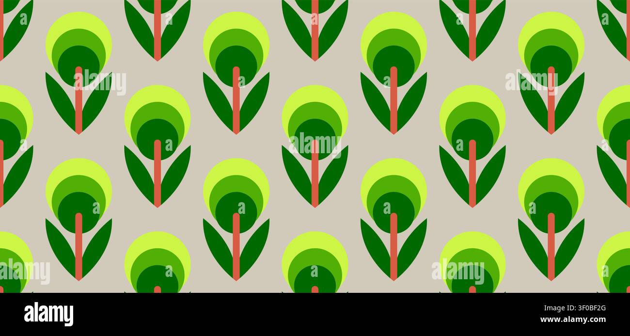 Flat design mid-century modern botanical style backdrop with stylized green flowers Stock Vector
