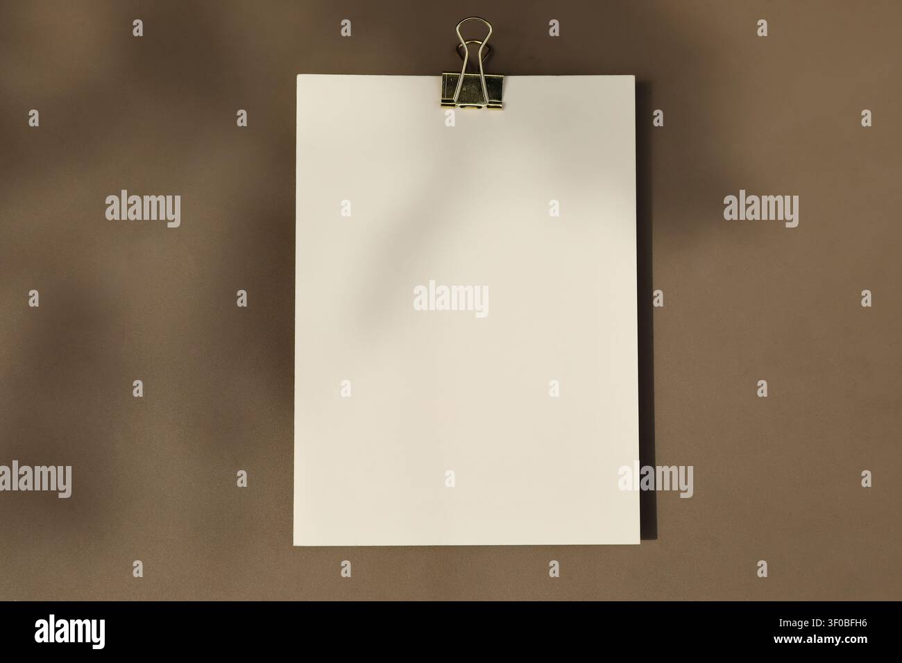 Blank White A6 A4 Paper Mockup, Golden Binder Clip on Textured Brown Background in Sunlight, Floral Shadows Overlay. Minimal Stationery Template Stock Photo