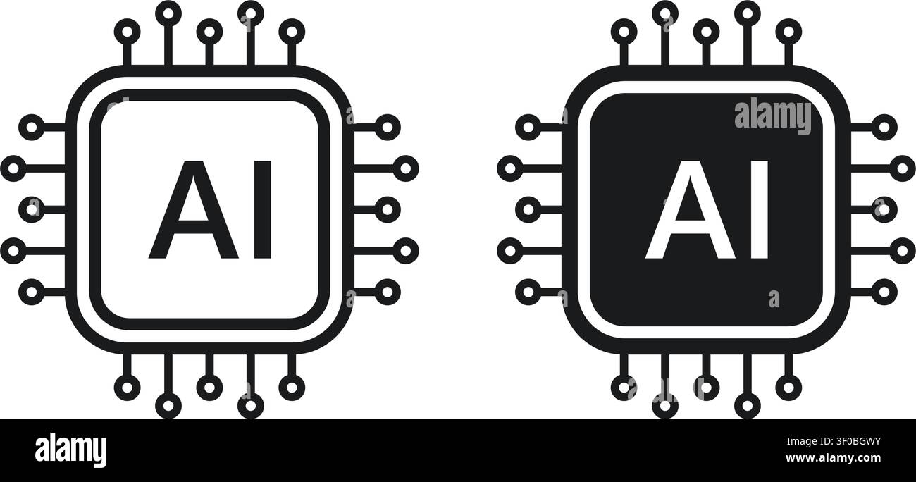 AI Microchip Icons in Black and White Outline Style. Vector Illustration Stock Vector
