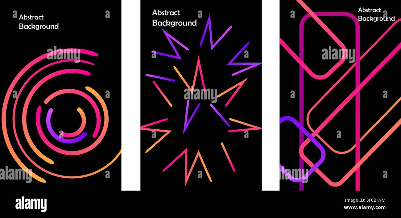 Three neon light designs on a black background with colorful patterns Stock Vector