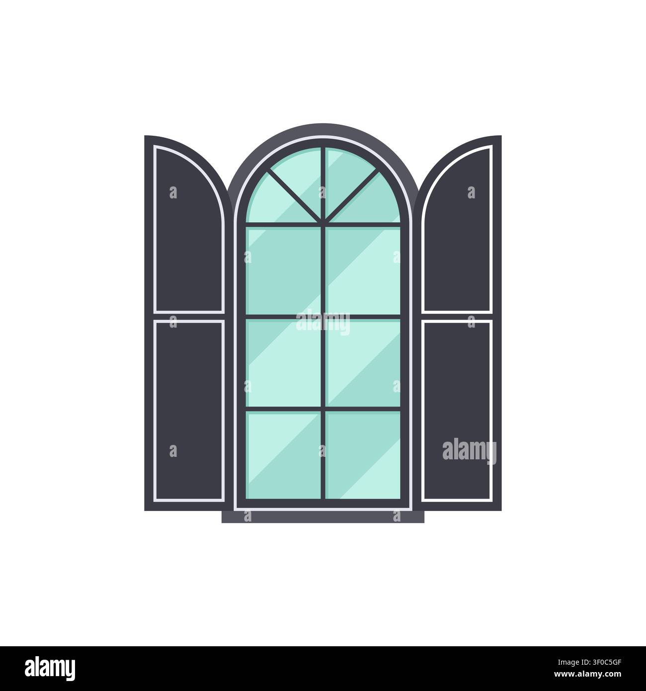 Arched Window with Shutters Flat Icon on White Vector Illustration Stock Vector