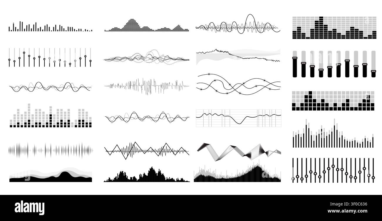 Vector set music equalizer, sound waves set. Audio digital equalizer technology, console panel, pulse musical. Audio wave music animation.  Stock Vector