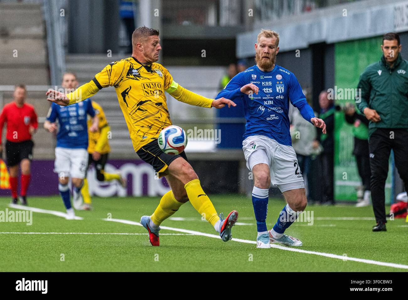 Klaksvik, Faroe Islands. 07th July, 2026. Atert Bissen's Roman Ferber and Klaskvik's Odmar Faer? fight for the ball during a game between Faroese Klaksvik and Luxembourg Atert Bissen, on Tuesday 07 July Klaksvik, Faroe Islands. 07th July, 2026. Atert Bissen's Roman Ferber and Klaskvik's Odmar Faer? fight for the ball during a game between Faroese Klaksvik and Luxembourg Atert Bissen, on Tuesday 07 July