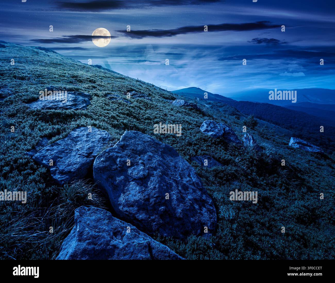 alpine meadow in summer nature at night. full moon over wild grass and grey rocks in carpathian landscape. mountain scenery of perechyn district, ukra Stock Photo