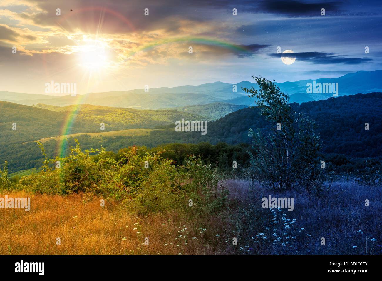 tree on a field in mountain landscape. day meet night. sun and moon over green countryside of ukraine in summer. cloudy weather. carpathian landscape Stock Photo