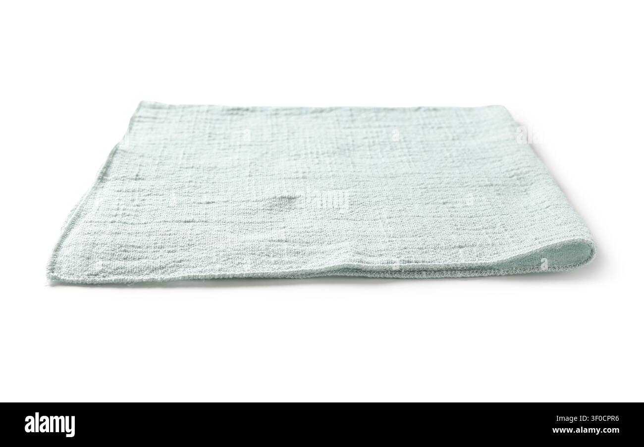 Folded light blue microfiber cleaning cloth on white background Stock Photo