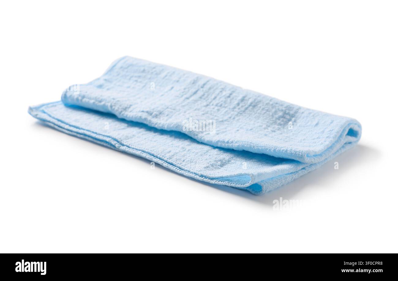 folded light blue microfiber cleaning cloth on white background Stock Photo
