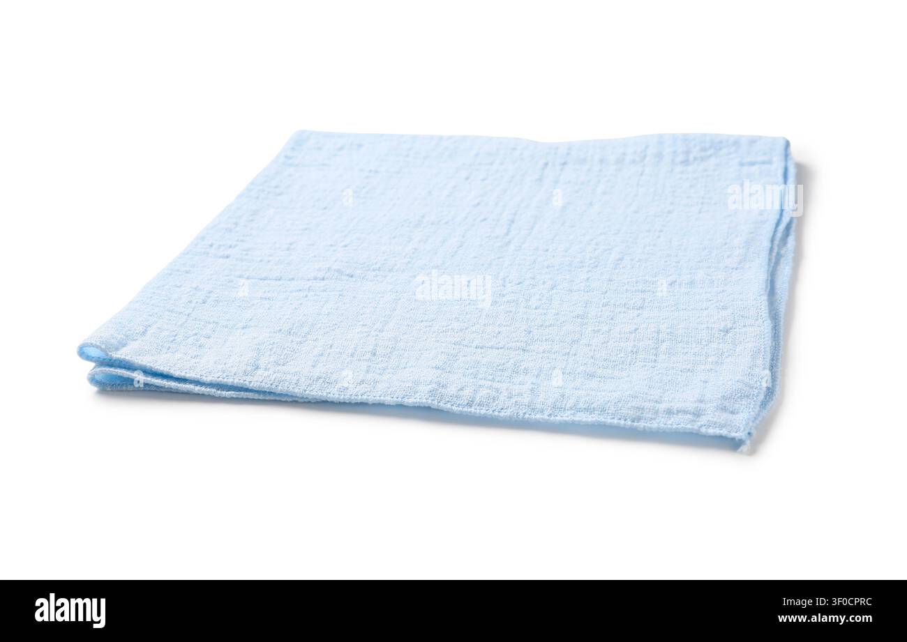 folded light blue microfiber cleaning cloth on white background Stock Photo