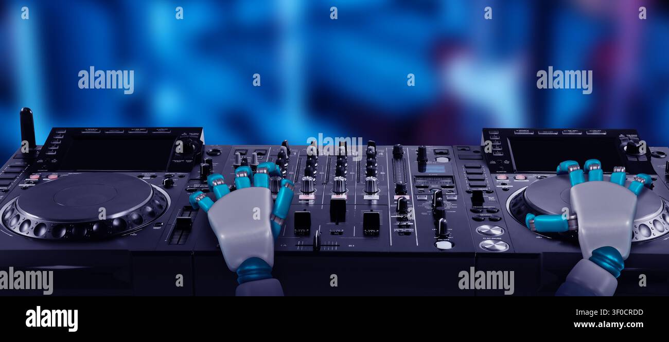 Music creation with artificial intelligence. Robot using DJ controller on blurred background, closeup Stock Photo