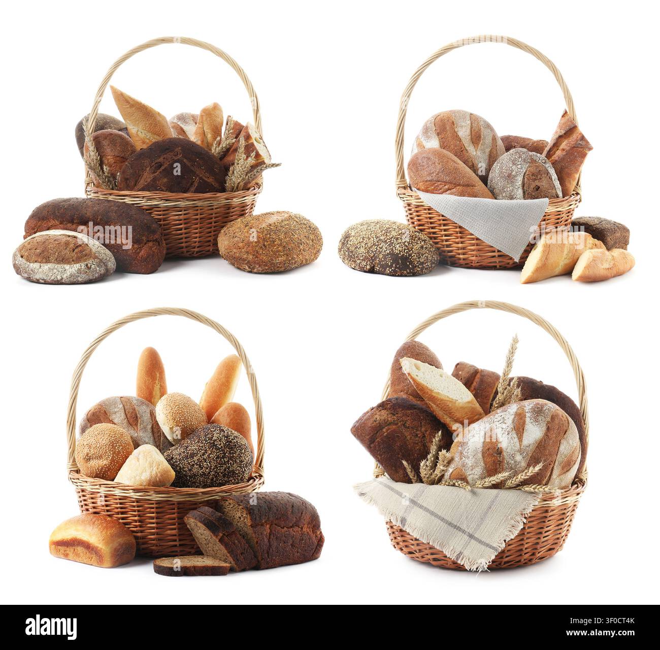 Bread in wicker basket isolated on white, set Stock Photo