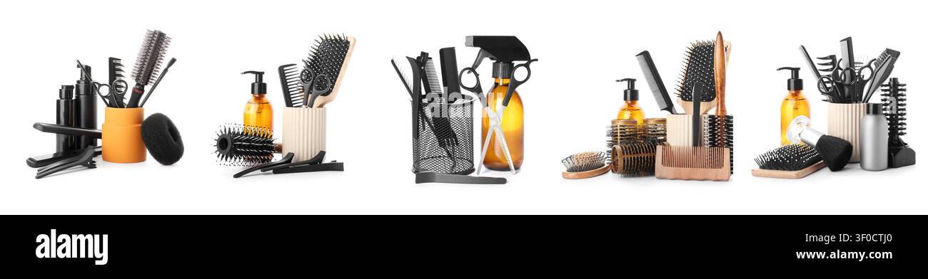 Various hair styling tools and products on white background Stock Photo