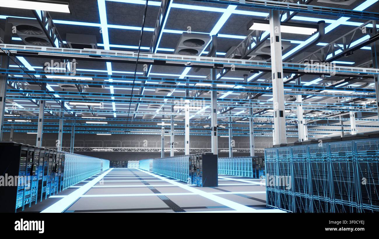 Blue digital rendering maps quantum computing and AI server hardware with blue VFX wireframe graphics. Stock Photo