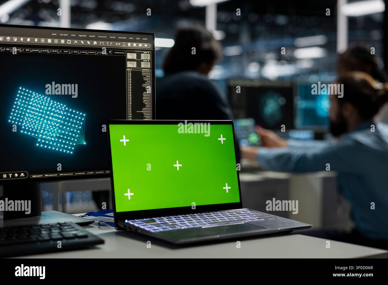 Developer uses an AI language model assistant in a server hub to handle infrastructure maintenance. Stock Photo