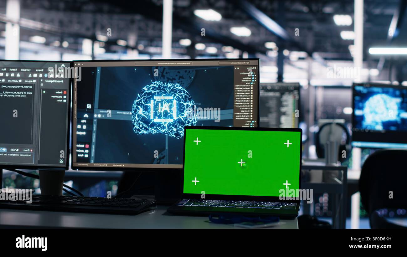 Isolated screen laptop in server room used for AI development and machine learning coding. Stock Photo