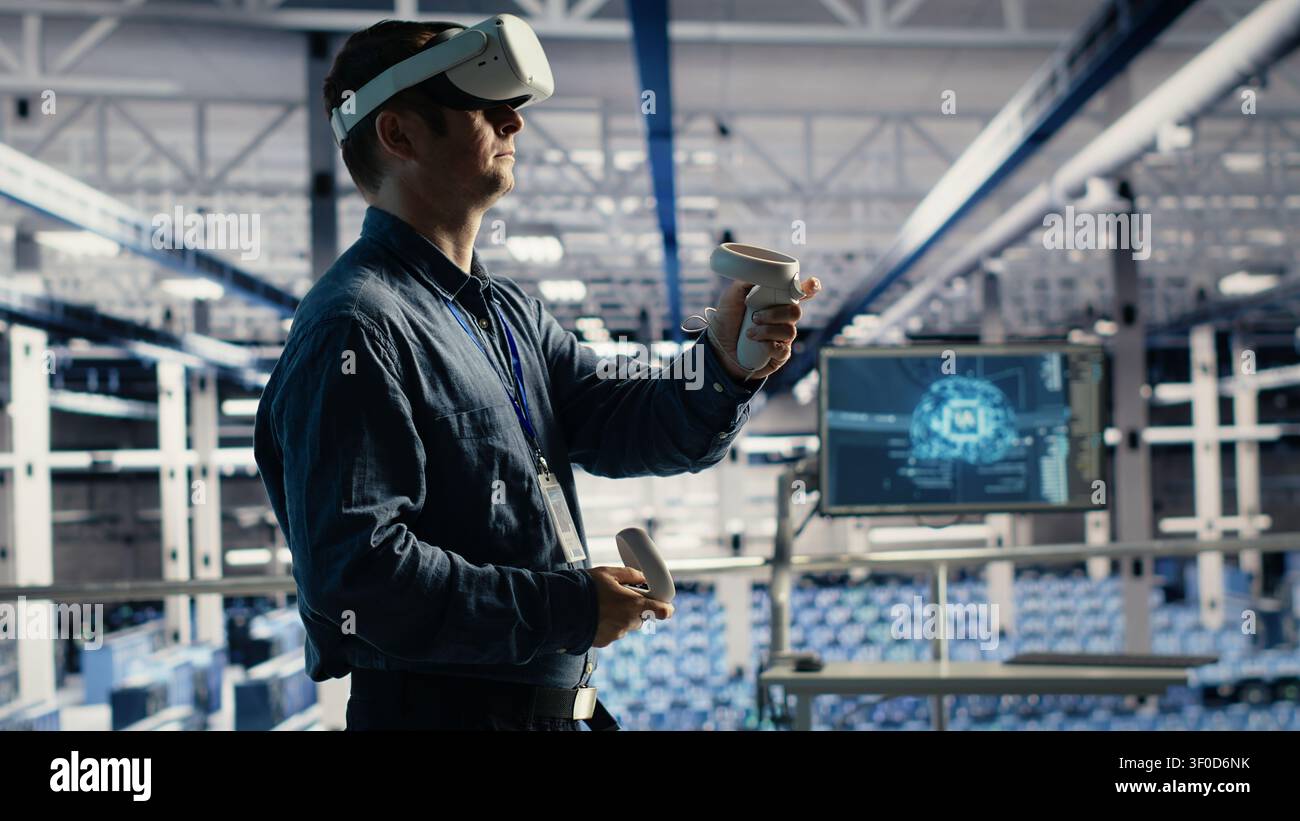 Programmer uses a VR headset to review AI diagnostics and manage server system performance. Stock Photo