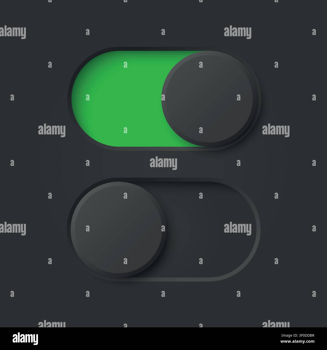 On Off Toggle Switch, Vector Illustration. Green and Black UI Slider, Toggle Button with Round Knob, Toggle Control. Vector Design Element Stock Vector