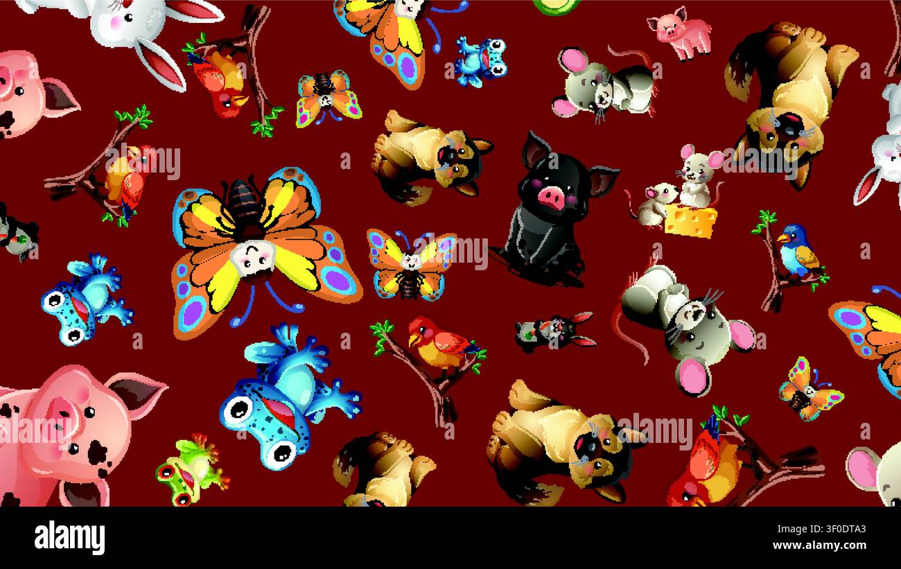 Vector illustration of colorful animals and insects on a brown background in seamless pattern. Stock Vector