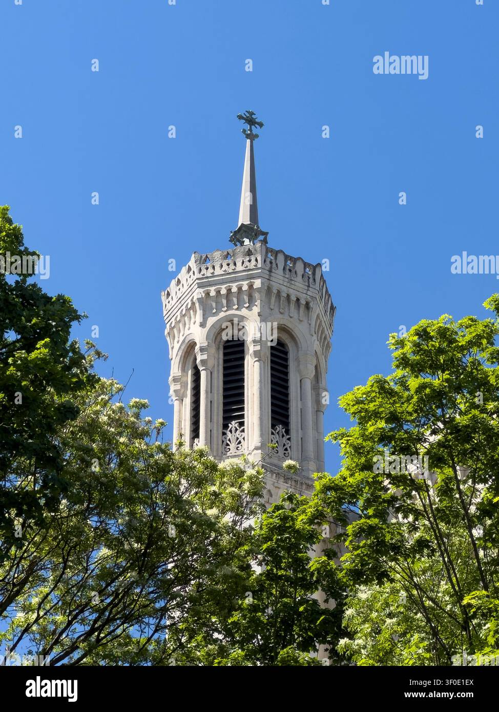 Architectural Close Up of Notre Dame de Fourvière Basilica Tower Spire in Lyon - Smartphone Captured Stock Image