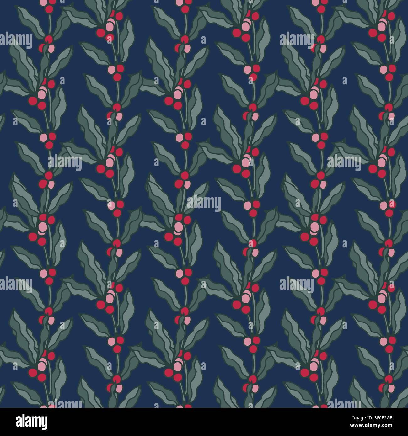 Dark Navy Botanical Berry Vine Print Stock Vector
