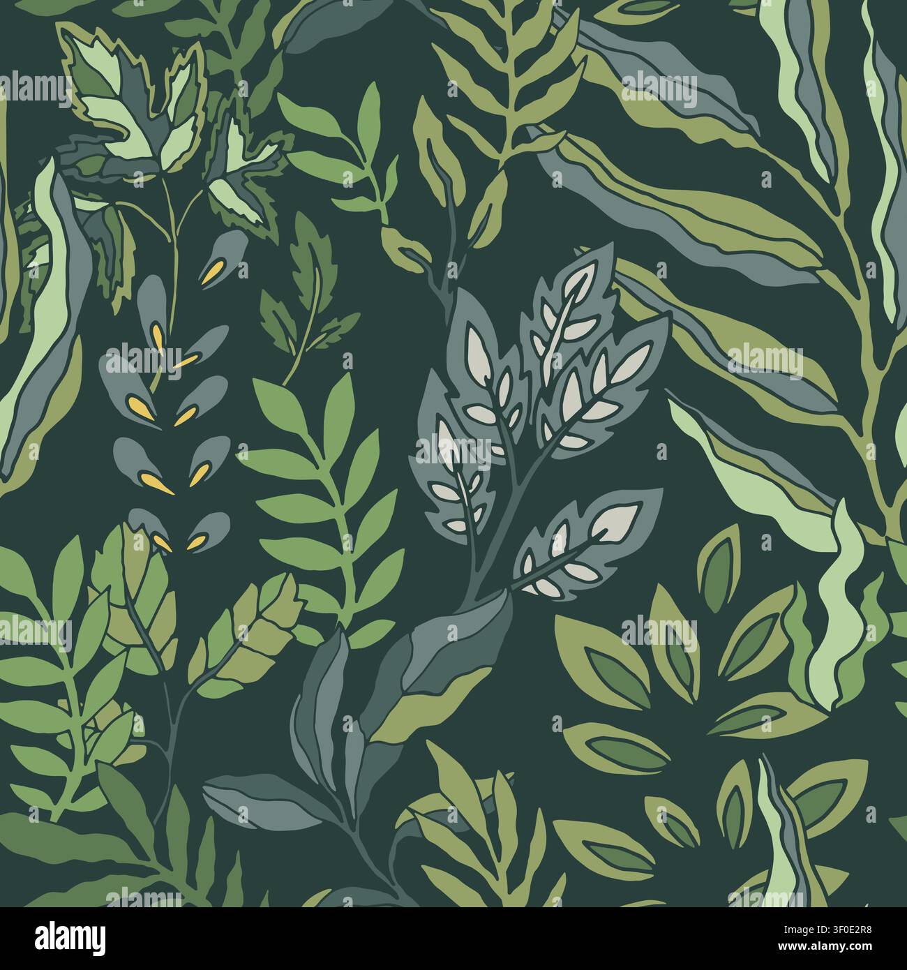 Dark Green Wavy Botanical Leaves Print Stock Vector