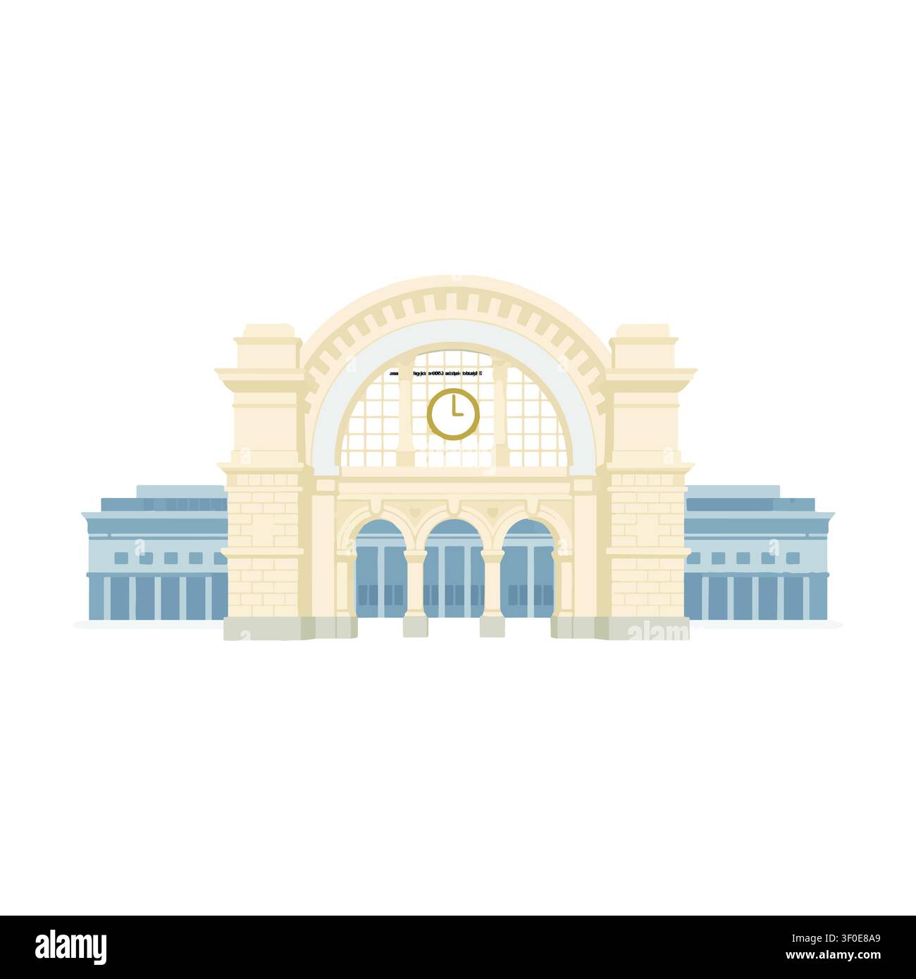 Classical railway station facade with arched window and clock, flat vector illustration Stock Vector