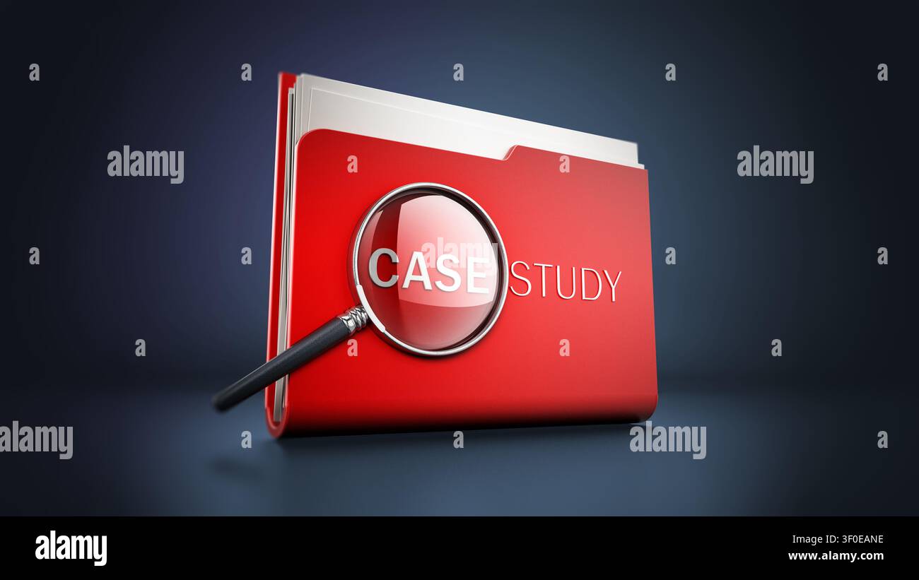 Case study text under magnifying glass standing on red folder. 3D illustration. Stock Photo