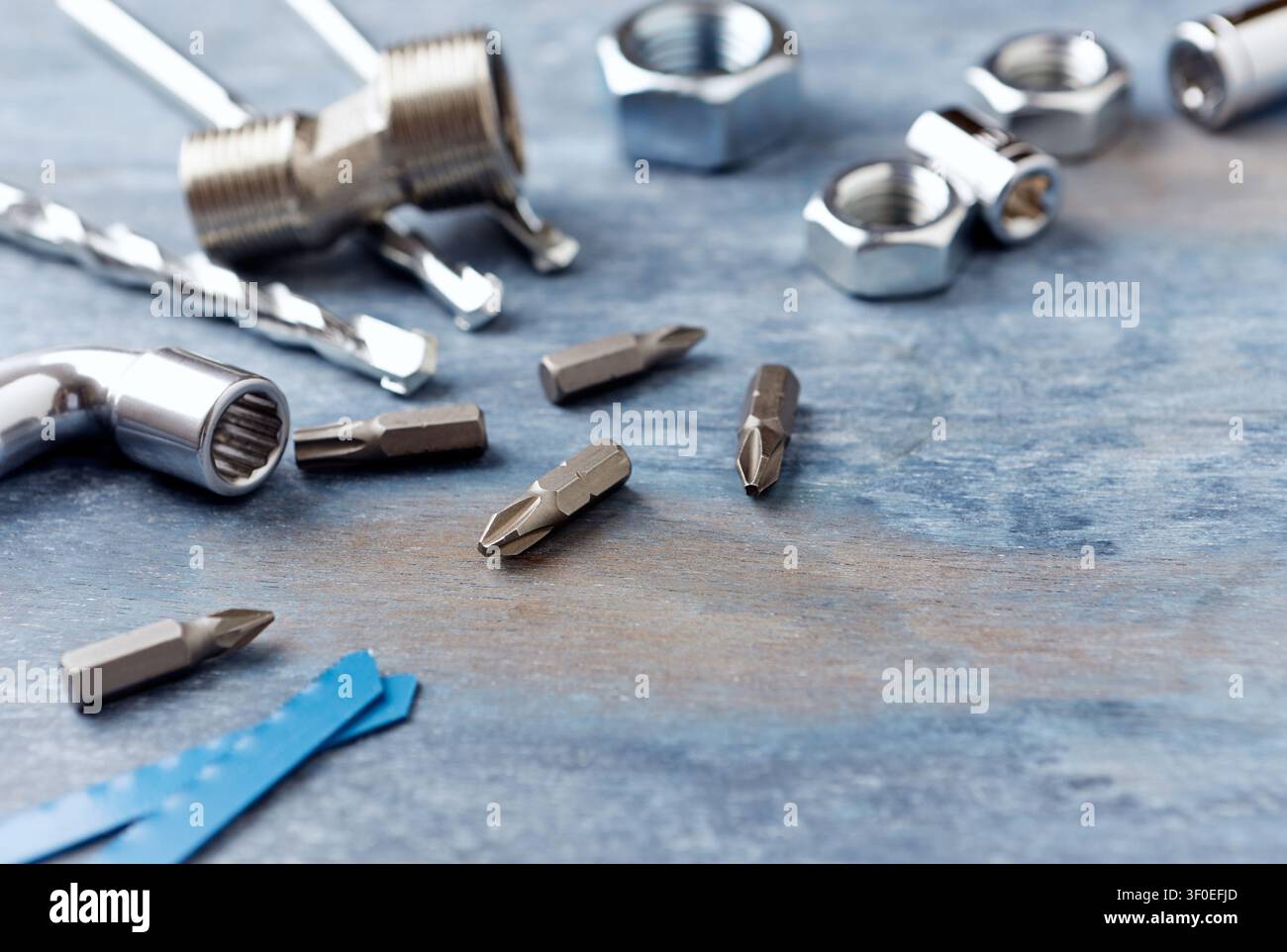 Hand tools on a wooden background. Close up. Stock Photo