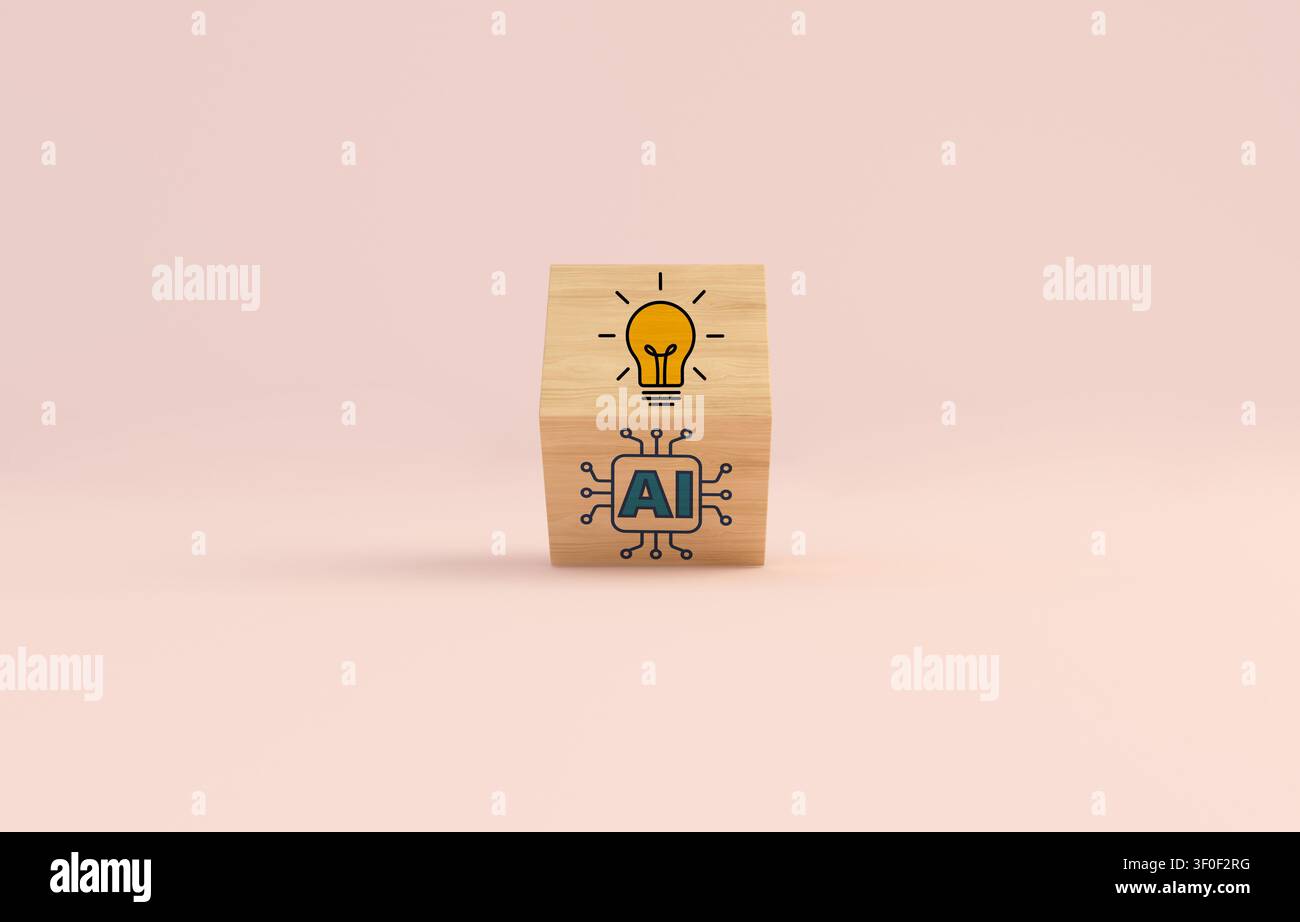 Wooden cube displaying light bulb and ai symbols, representing artificial intelligence driving creative solutions and future development Stock Photo